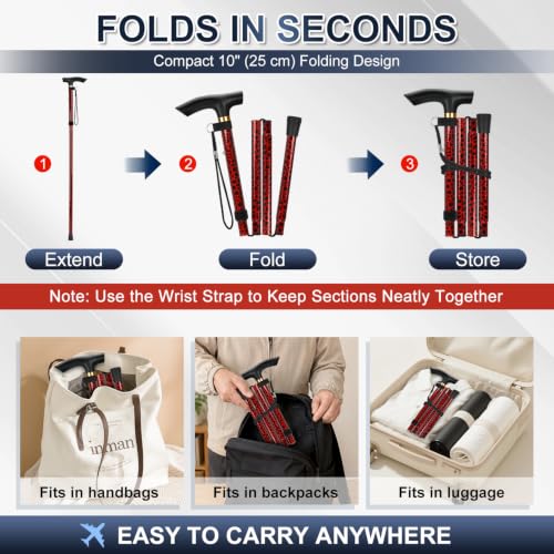 supregear Folding Cane, 5-Level Adjustable Height Walking Stick Lightweight Collapsible Portable Travel Cane with Wrist Strap and T Handle for Elderly Disabled Men Women - color: Leopard Red