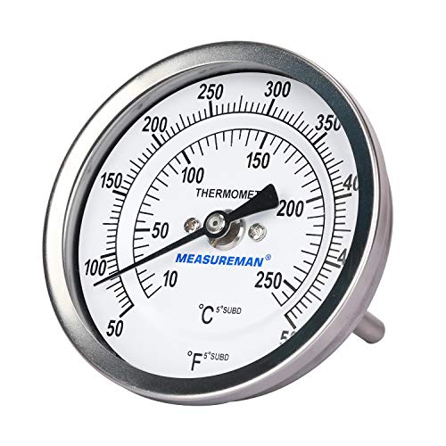 Measureman Fully Stainless Steel Bimetal Dial Thermometer, 3" Dial, 2-1/2" Stem, 50-500 deg F/10-260 deg C, -1% Accuracy, Adjustable, 1/2" NPT Back Mount - size: 3" Dial, 2-1/2" Stem, 50-500 deg F/10-260 deg C, style: 2-1/2" Stem
