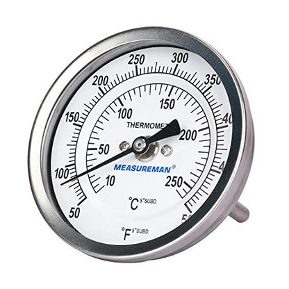Measureman Fully Stainless Steel Bimetal Dial Thermometer, 3" Dial, 2-1/2" Stem, 50-500 deg F/10-260 deg C, -1% Accuracy, Adjustable, 1/2" NPT Back Mount - size: 3" Dial, 2-1/2" Stem, 50-500 deg F/10-260 deg C, style: 2-1/2" Stem