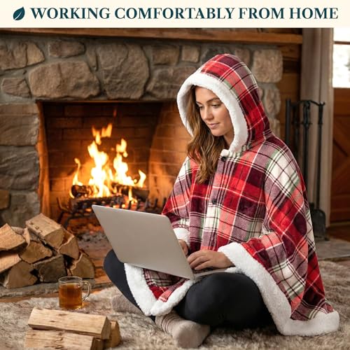 PAVILIA Hooded Blanket Poncho Fleece Wearable Shawl Wrap Throw Tartan Plaid | Fleece Shawl Wrap with Hood, Adult Wearable Blanket, Cozy Warm Poncho Cape Throw with Pockets, Gift for Elderly Mom - color: Tartan Plaid
