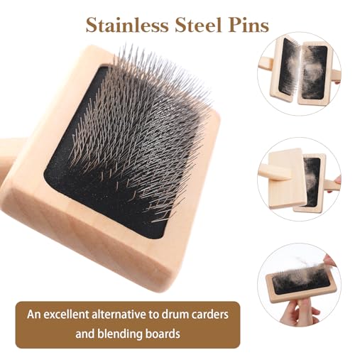 4 Pcs Hand Carders for Wool, Wool Carders & Carding Brush Set with Wood Handle, 4.72" x 7.09" Yarn Brush for Needle Felting, Pet Grooming, Yarn & Fiber Craft Projects (Natural Wood)