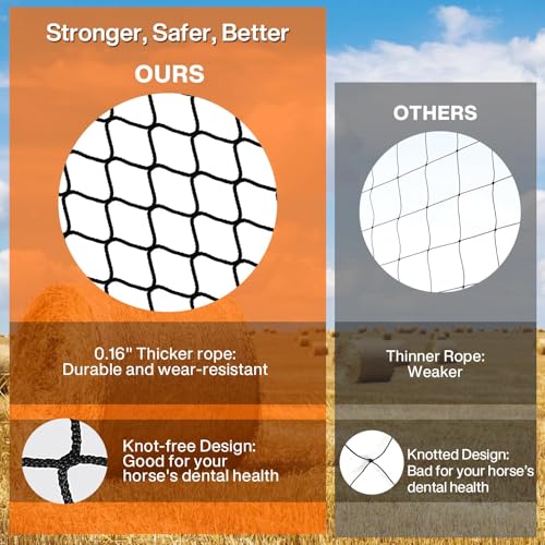 5 x 5 ft Round Bale Hay Net for Horses, with 20 Ropes Netting Comb Zip Tie - color: round