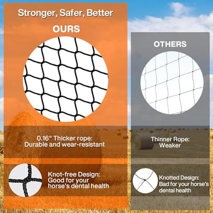 5 x 5 ft Round Bale Hay Net for Horses, with 20 Ropes Netting Comb Zip Tie - color: round