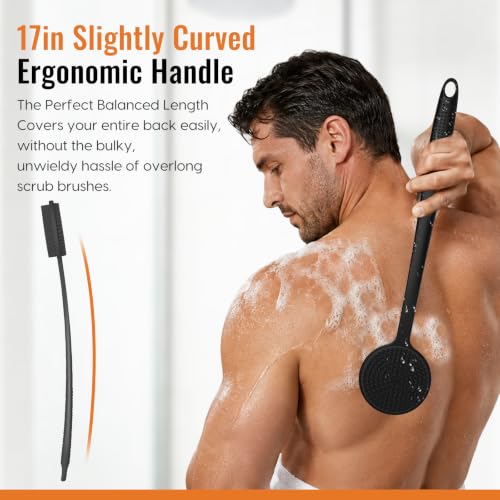 Silicone Back Scrubber for Shower, 17in Lengthen Long Handle Body Brush, Double Sided Shower Brush for Shower Exfoliating and Massage Can Produce Rich Foam, Long Handle Back Scrubber for Men - color: Black