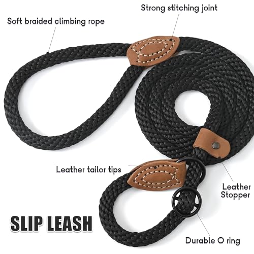 Mile High Life Heavy Duty Slip Lead No Pull Leash w Leather-Reinforced Ends - color: Jet Black, size: 4 Feet