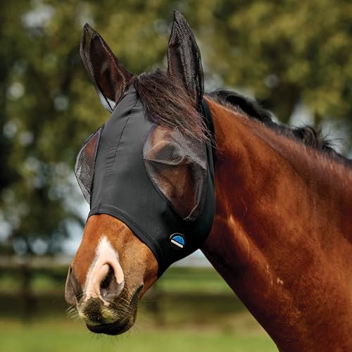 WeatherBeeta ComFiTec Deluxe Stretch Fly Mask with Ears, Black/Black, Large - color: Black/Black, size: L