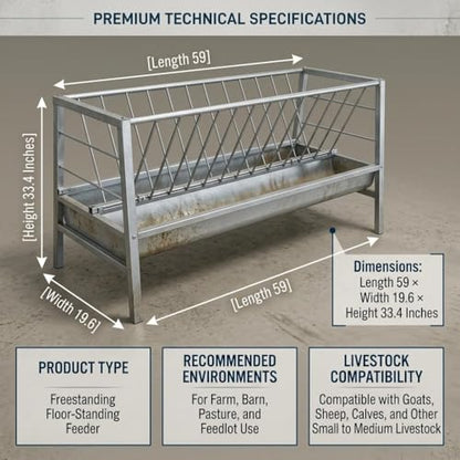 Heavy Duty Stainless Steel Feeder Hay for Goat, Sheep and Livestock Animals - 87 Gallon Large Capacity, Exact Dimensions 59 x 33.4 x 19.6in, Ideal for Efficient Feeding of Horses and Other Farm