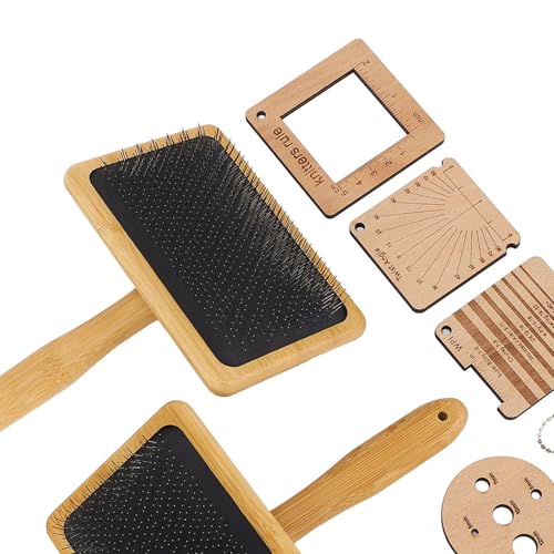Wooden Knitting Gauge Set, 8 Piece Knitting Tool Set, Wood Blending Board Carding Brush Set with, Wooden Wool Carder Hand Carders for Needle Felting Supplies for Dogs Weaving