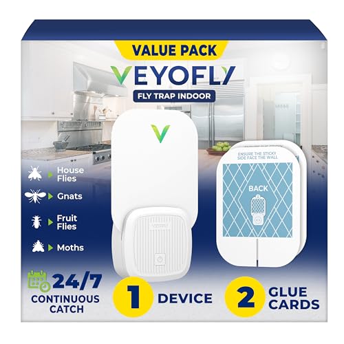 VEYOFLY Fruit Fly Traps Indoor Plug-in UV, Gnat Trap, 1 Device + 2 Refills | UV light attracts insects to glue cards, silent 24/7, plug-in setup, replaceable cards, indoor use, no zapper - color: White, size: 1 Device + 2 Refills