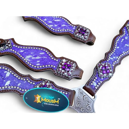 Western Leather Headstall & Breast Collar Set for Horses - Valentine’s Day Silver Metallic Cowhide with Rhinestones - color: Purple