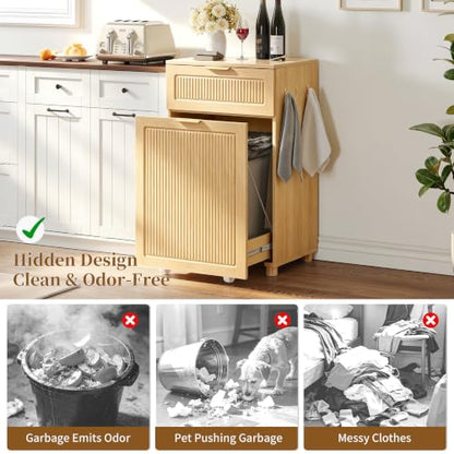 Freestanding Pull Out Trash Can Cabinet with Drawer & Side Hooks,Pet Proof Hidden Waste Bin Storage Cabinet Fits 7 10 13 Gallon Trash Cans for Kitchen Laundry Room Bathroom (Trash Can Cabinet - Oak) - color: Trash Can Cabinet - Oak