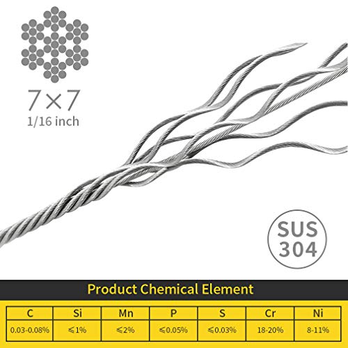 1/16 Wire Rope, 304 Stainless Steel Cable, Aircraft Cable, Steel Wire, 328FT with 150Pcs Crimping Sleeves, Clothes Line Wires, Trellis Wire, 7x7 368lbs Breaking Strength - size: 328 ft
