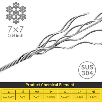 1/16 Wire Rope, 304 Stainless Steel Cable, Aircraft Cable, Steel Wire, 328FT with 150Pcs Crimping Sleeves, Clothes Line Wires, Trellis Wire, 7x7 368lbs Breaking Strength - size: 328 ft