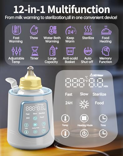12 in 1 Fast Baby Bottle Warmer Constant Temp Milk Warmer Fits All Bottles | Even Heating No Hot Spots, Night Mode, Sterili-zing for Breastmilk & Formula Blue - color: Fast-Blue