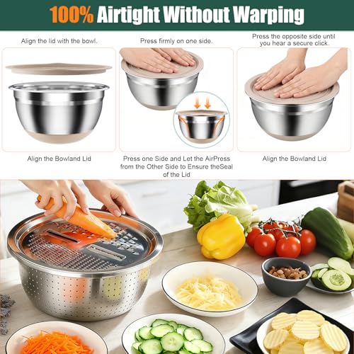 Stainless Steel Mixing Bowls Set with Lids & Silicone Base,7‑Piece Set - color: Khaki