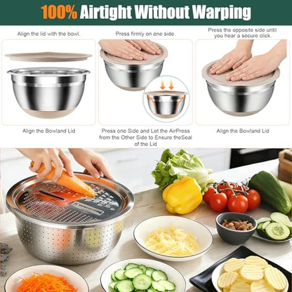 Stainless Steel Mixing Bowls Set with Lids & Silicone Base,7‑Piece Set - color: Khaki