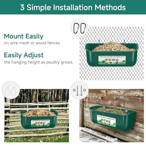 Chicken Feeder Waterer Set, Hanging Fence Feed Trough for Livestock Poultry, Waterer Bucket for Hens Gooses Goat Sheep Deer Duck （ 2 * 2.7 Quart ） - color: Green