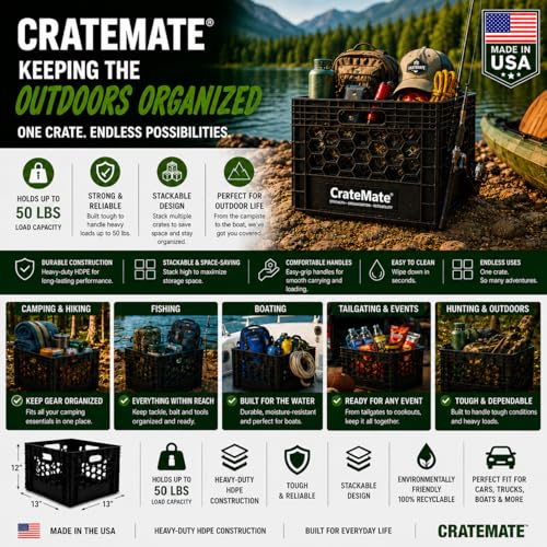 CrateMate Heavy-Duty Black Milk Crates for Storage, Organization & DIY | Perfect for Home, Camping, Worksite, & More - USA Made, Stackable, Durable (16 Quart) - size: 16 Quart