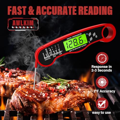 AWLKIM 2 Pack Meat Thermometer Digital, Instant Read Food Thermometer, Red | Waterproof cooking thermometer with doneness chart, backlight, F/C switch for BBQ, candy, oil - color: 2 Pack Red