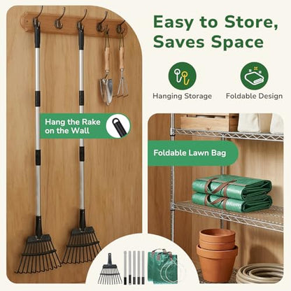 GreatBuddy Leaf Rake and Leaf Bags Combo, Adjustable Metal Garden Rake 29''-72'' 11Tines, 2 Pack 72 Gallon Reusable Yard Waste Bags, Heavy Duty Lawn Rake with Dustpan Leaf Collector for Yard Cleanup - size: 11 tines & 72 gal 2 packs