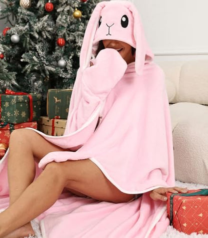 Wearable Blanket Hoodie Animal Fuzzy Blanket Warm Cozy Blanket Hoodie - color: Pink Bunny