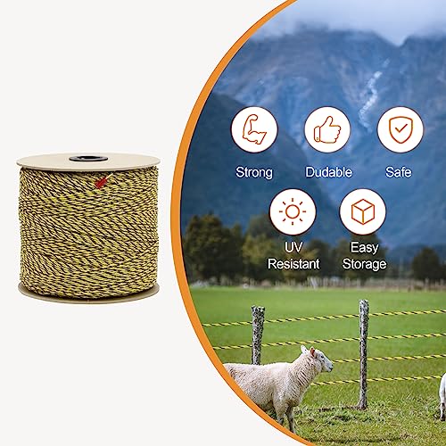 Electric Fence Poly Wire 1312ft 400m, 6 x 0.18mm Stainless Steel Conductors, Portable Electric Fence Polywire for Livestock, Yellow and Black Fence Wire - size: 1312ft(400m)