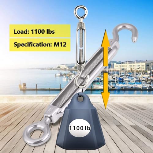 1/2" Turnbuckle Lsqurel 10PCS 304 Stainless Steel Turnbuckle Hook and Eye Heavy Duty M12 Tensioner Adjustable Shade Sail Hardware for Tightening up Metal Cable Wire - style: M12 - 10pcs