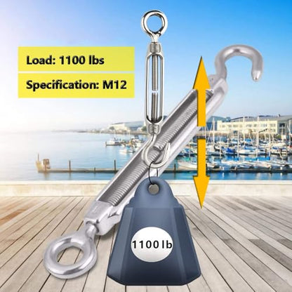 1/2" Turnbuckle Lsqurel 10PCS 304 Stainless Steel Turnbuckle Hook and Eye Heavy Duty M12 Tensioner Adjustable Shade Sail Hardware for Tightening up Metal Cable Wire - style: M12 - 10pcs