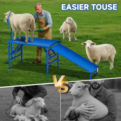Goat Milking Stand with Ramp, 600LBS Foldable Livestock Trimming Platform, Metal Grooming Stand with Adjustable Headpiece & Stainless Steel Feeder for Nubian & Dwarf Goats