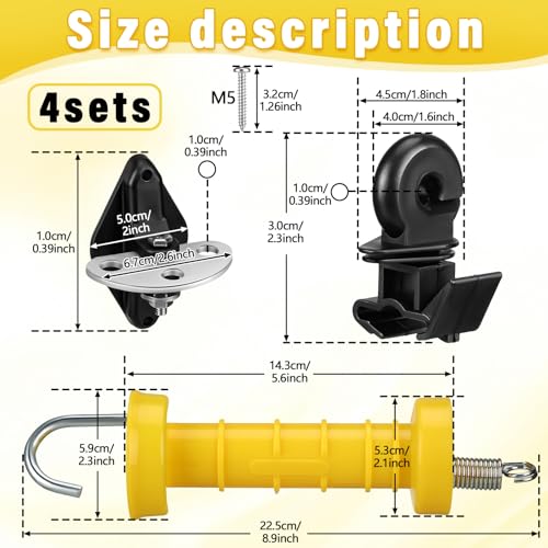 Tondiamo 4 Sets Electric Fence Gate Handle Set with Anchors and Insulators Including 4 Pcs Plastic Electric Fence Gate Handle with Spring, 8 Pieces Anchor Set, 8 Pieces Black Insulators