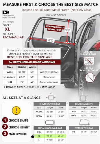 XL/Car Side Window Shades for SUV. 8 Sizes/2 Pack. Stretch-to-Fit Mesh for Rear Windows Up to H:20" x W:46". Sun, Heat & Bugs Protection, Blocks 96% UVA. Camping Windows Screens | Qualizzi® - size: XL - Rectangular
