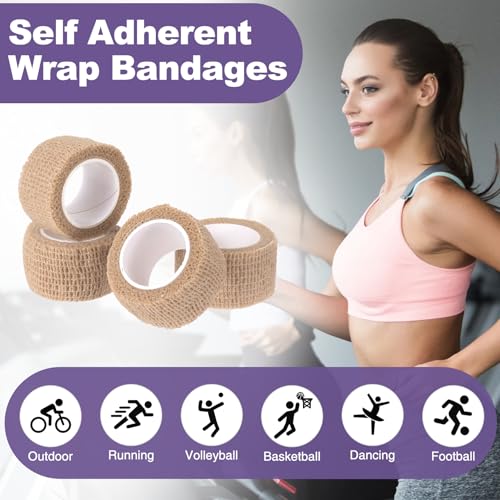 4 Pack Self Adhesive Bandage Wraps, 0.98''x 2.18 Yards Cohesive Elastic Bandages, Breathable Wraps Rolls for Ankle Wrist Foot Knee Fingernails - Skin Color