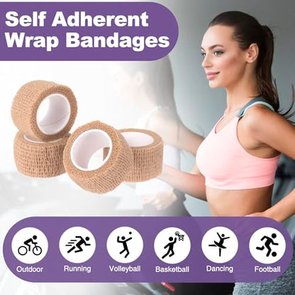 4 Pack Self Adhesive Bandage Wraps, 0.98''x 2.18 Yards Cohesive Elastic Bandages, Breathable Wraps Rolls for Ankle Wrist Foot Knee Fingernails - Skin Color