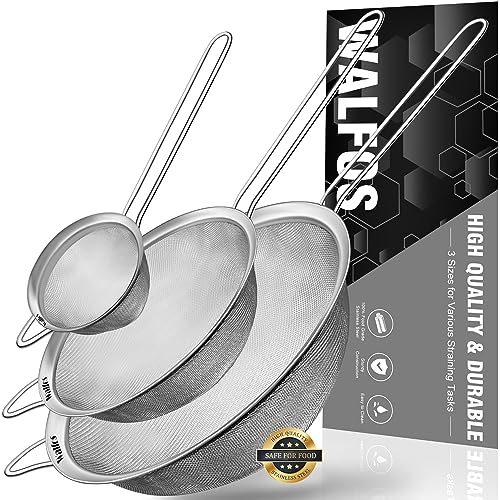 Walfos Fine Mesh Strainers Set, Premium Stainless Steel Colanders and Sifters, with Reinforced Frame Sturdy Handle, Perfect for Sift, Strain, Drain Rinse Vegetables, Pastas Tea - 3 Sizes - style: 3pcs (2.7", 4.6", 7.8") Strainers