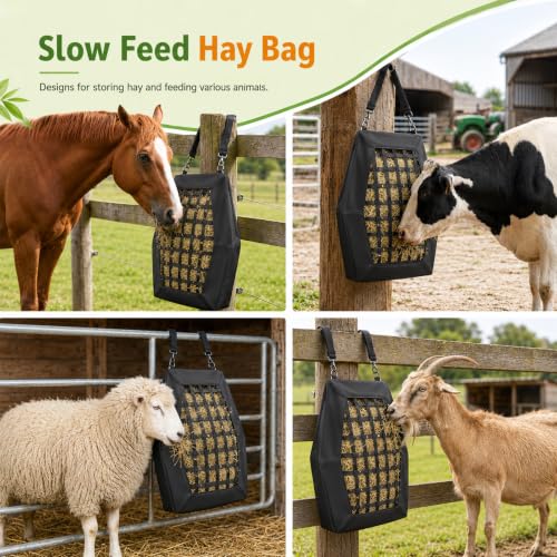 Hay Bags for Horses Slow Feed, 35L Large Capacity Hay Feeder with Zipper Design for Easy Filling, 1680D Heavy Duty Slow Flow Hay Net for Stable Pasture Trailer Ground Feeding, Hanging and Clean Eating