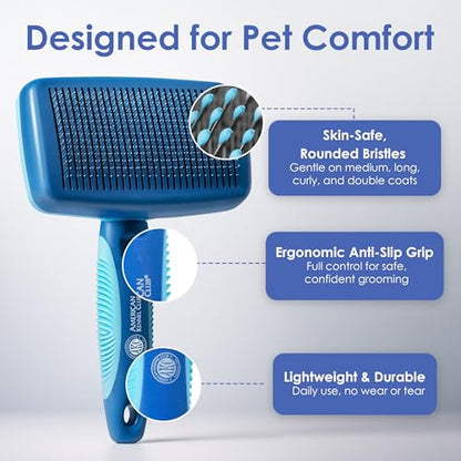 AKC Self-Cleaning Slicker Brush for Dogs & Cats, All Coat Types | Skin-friendly deshedding brush removes loose hair, mats and tangles with an easy-clean design. - style: Self Cleaning Slicker Brush