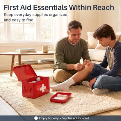 Flexzion Large Metal First Aid Box Empty, 8.5-Inch, Red with White Cross - color: Red, size: 8.5 Inch without Latch Lock