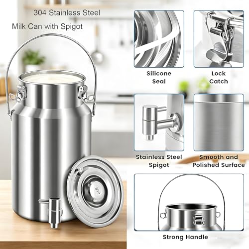 304 Stainless Steel Milk Can with Spigot 5L/1.3 Gal Milk Can Drink Dispenser with Sealed Lid & Handle, for Iced Tea, Water, Milk, Wine, Juice, Home Kitchen, Cafes, Restaurants - size: 169.1 Ounces