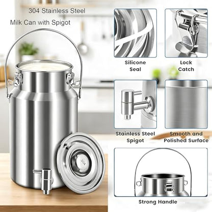 304 Stainless Steel Milk Can with Spigot 5L/1.3 Gal Milk Can Drink Dispenser with Sealed Lid & Handle, for Iced Tea, Water, Milk, Wine, Juice, Home Kitchen, Cafes, Restaurants - size: 169.1 Ounces