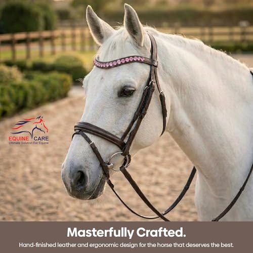 Equine Care English Horse Bridle with Reins, Padded, 6 Browband Styles - color: Havana Brown - Pink Crystal