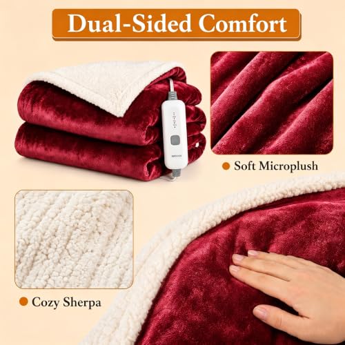 Electric Heated Blanket 72"×84" Full Size, Sherpa & Snuggly for Living Room, Sofa, Study, 4 Heat Settings & 10H Auto-Off, Energy Efficient, Machine Washable, Bright Red - color: 08-red, size: Full Size ( 72"x84" )