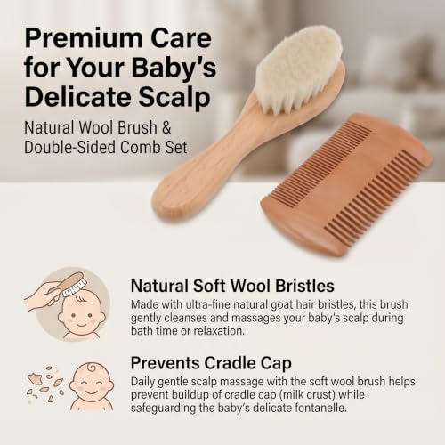 Baby Hair Brush Set, Natural Goat Hair Bristles Gentle on Scalp, Double Sided Comb, Newborn Scalp Massage Tool, Soft and Non-Irritating for Sensitive Skin, for Newborns Toddlers Ba