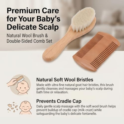 Baby Hair Brush Set, Natural Goat Hair Bristles Gentle on Scalp, Double Sided Comb, Newborn Scalp Massage Tool, Soft and Non-Irritating for Sensitive Skin, for Newborns Toddlers Ba