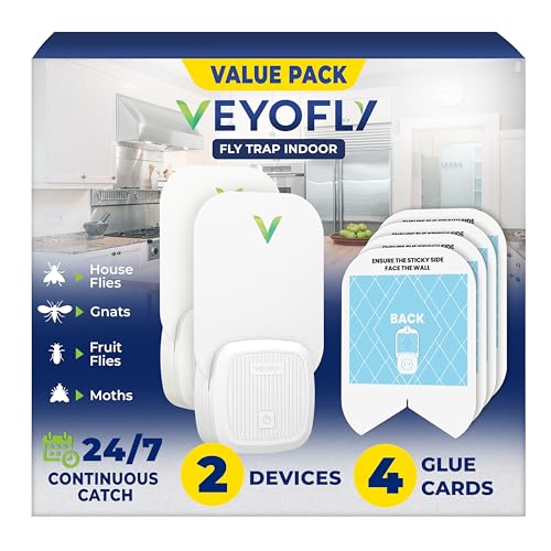 VEYOFLY Fruit Fly Traps Indoor Plug-in UV, Gnat Trap, 2 Device + 4 Refills | UV light attracts insects to glue cards, silent 24/7, plug-in setup, replaceable cards, indoor use, no zapper - color: White, size: 2 Devices + 4 Refills