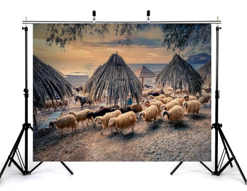 4x4ft Fabric Beach Straw Hut Sheep Backdrop Thatched Beach Umbrella Flock Wool Sheep Sandy Shore Calm Sea Sunset Sky Tapestry Beach Party Decorations Photo Booth Props - size: 4x4ft
