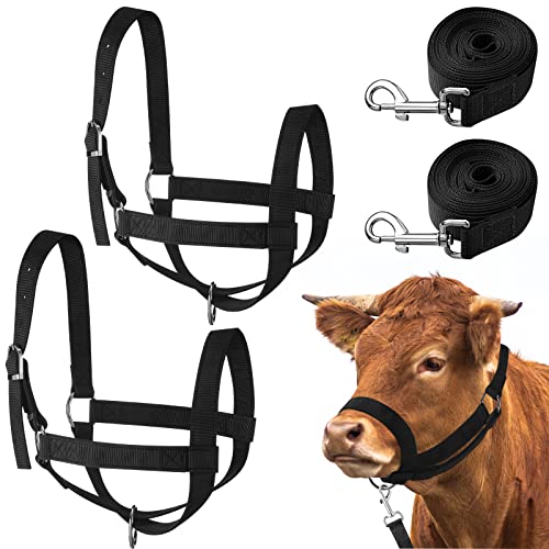 Windyun 2 Pieces Nylon Cow Halter with 2 Pieces Leading Rope Adjustable Foal Halter Horse Calf Harness for Donkey Cattle Goat Training(Black)