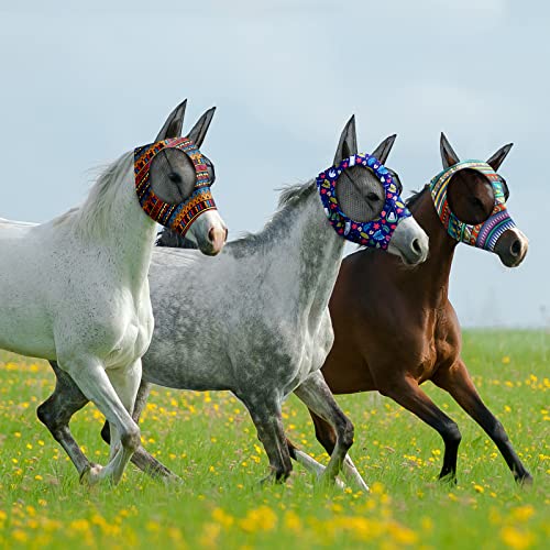 Frienda 3 Pieces Horse Fly Mask with Ears Adjustable UV Protection Breathability Horses Fly Masks Elasticity Smooth Comfortable Equine Face Covering(M) - size: M