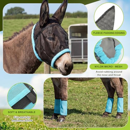 Mini Donkey Fly Mask with Ears and 4 Set Donkey Fly Boots Mule Leggings, Breathable Stretchy Mule Leg Wraps Mask Boots with Mesh Eye Covers from Insects and Bugs with Adjustable - color: Blue