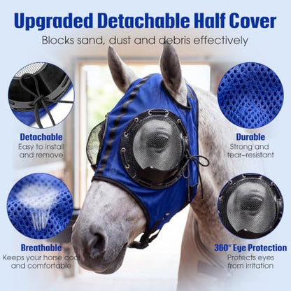 Adjustable Horse Fly Mask with Detachable Blinker, 60% UV Protection - color: Blue
