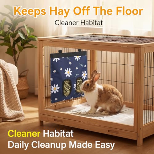 Ondware Hay Feeder Bag for Rabbits & Guinea Pigs, Hanging Dual-Port, Blue